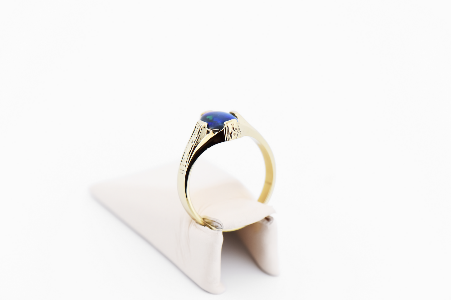 Antique Yellow Gold Solitaire Ring with Harlequin Black Opal