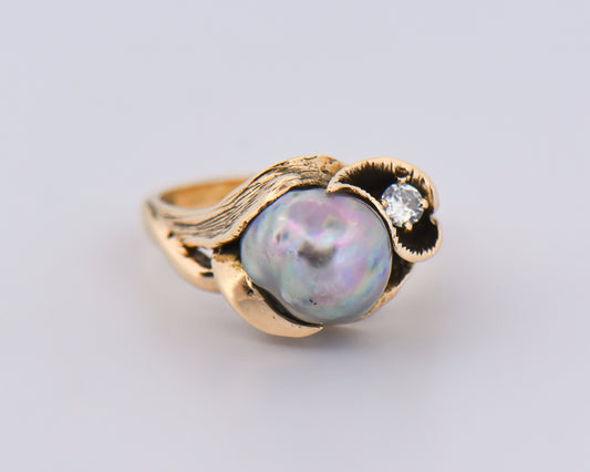 Antiqued Gold Lily Ring with Baroque Pearl & Diamond