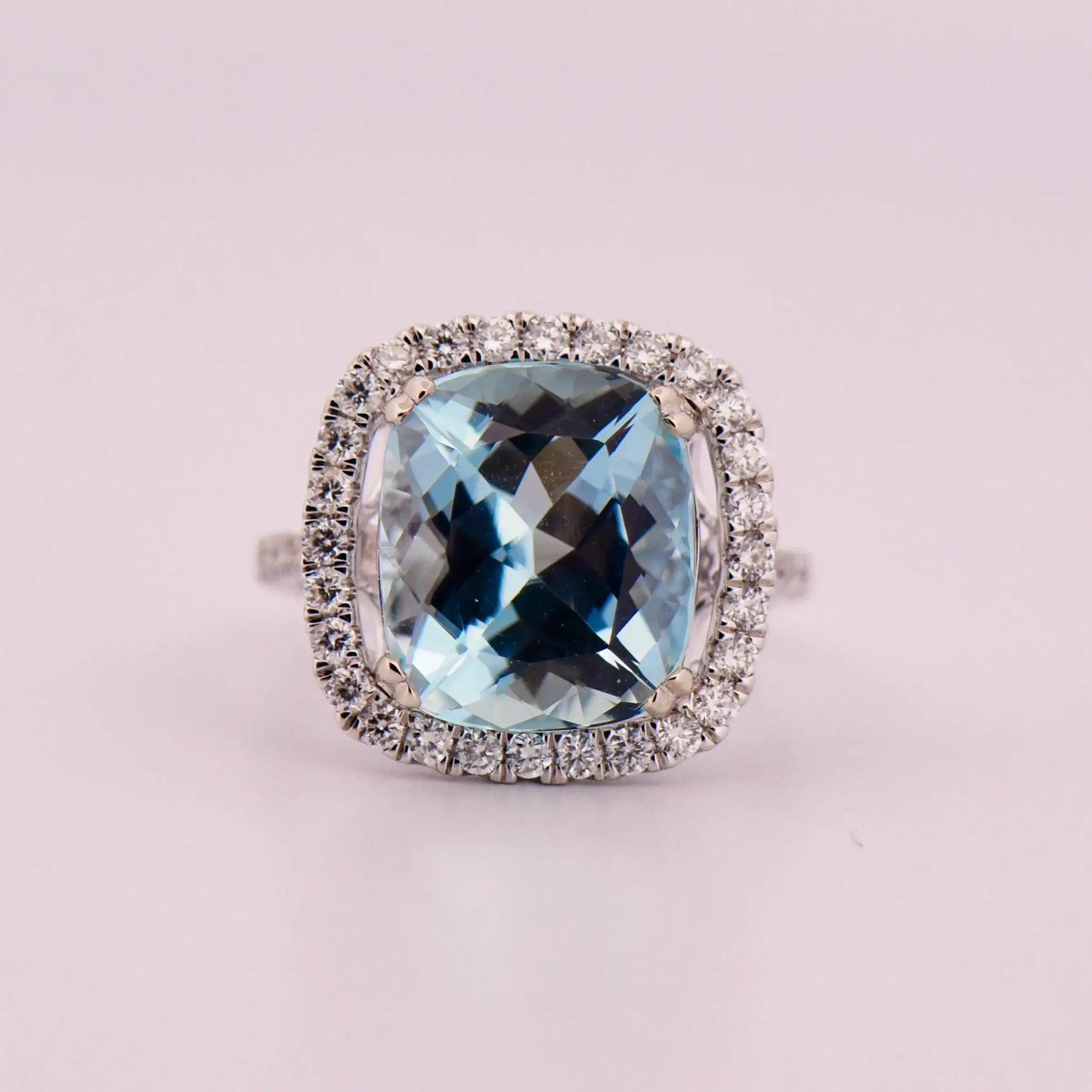 Cushion Cut Aquamarine & Diamond Halo Ring