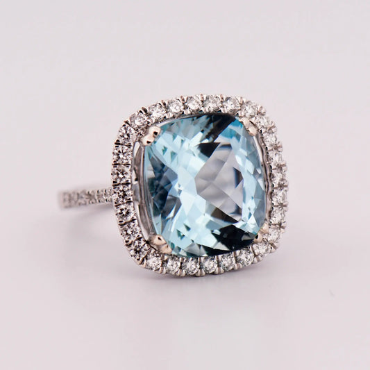 Cushion Cut Aquamarine & Diamond Halo Ring