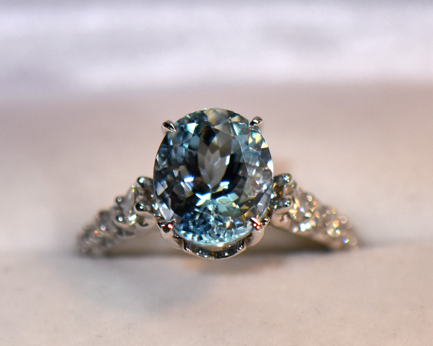 Oval Aquamarine & Diamond Engagement Ring- Top Color!