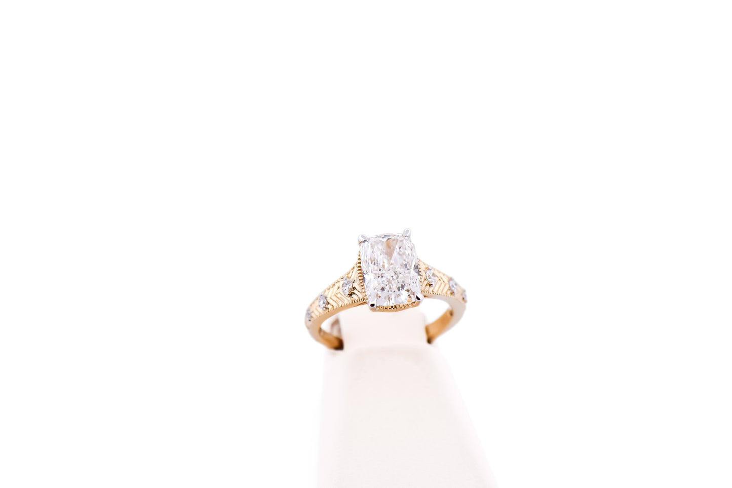 Architectural Engagement Ring with 3ct Cushion Lab Diamond in Yellow Gold