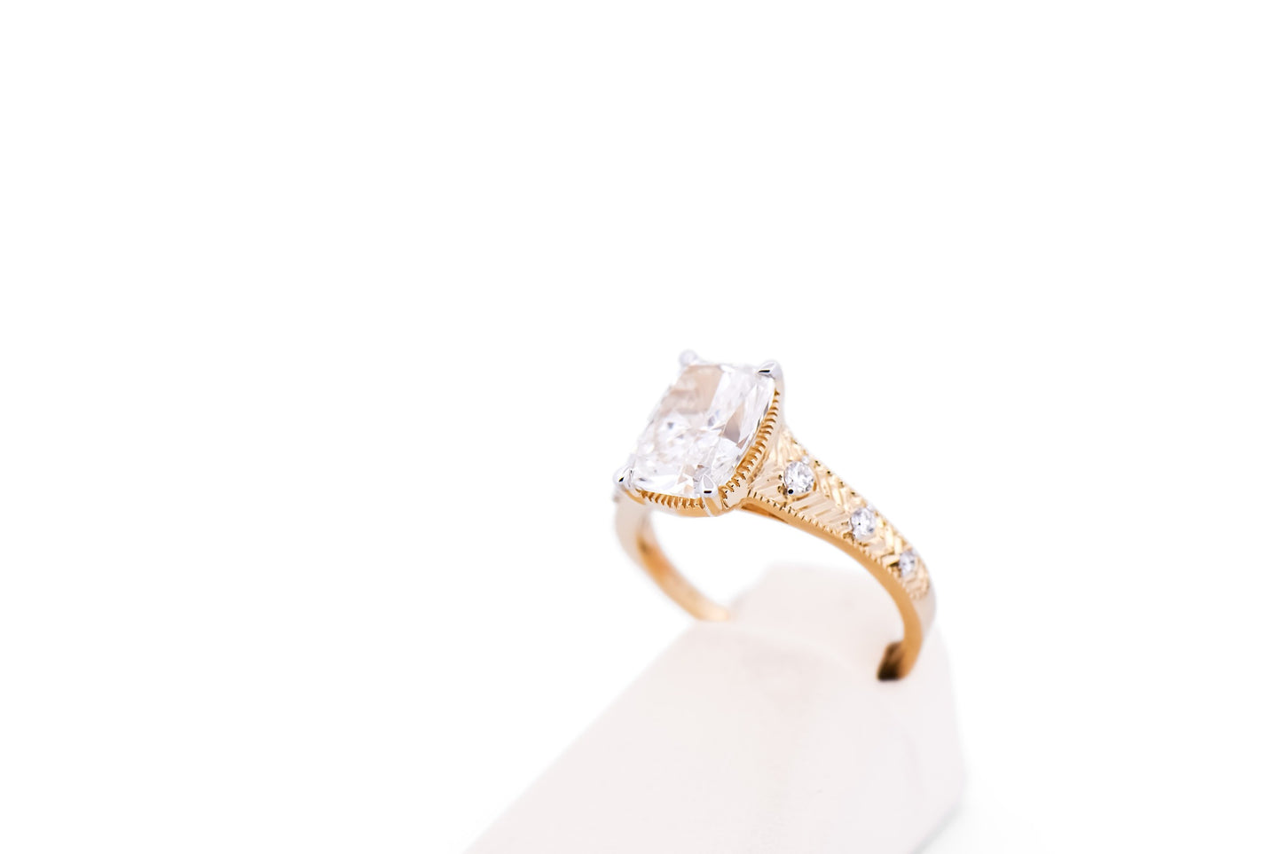 Architectural Engagement Ring with 3ct Cushion Lab Diamond in Yellow Gold