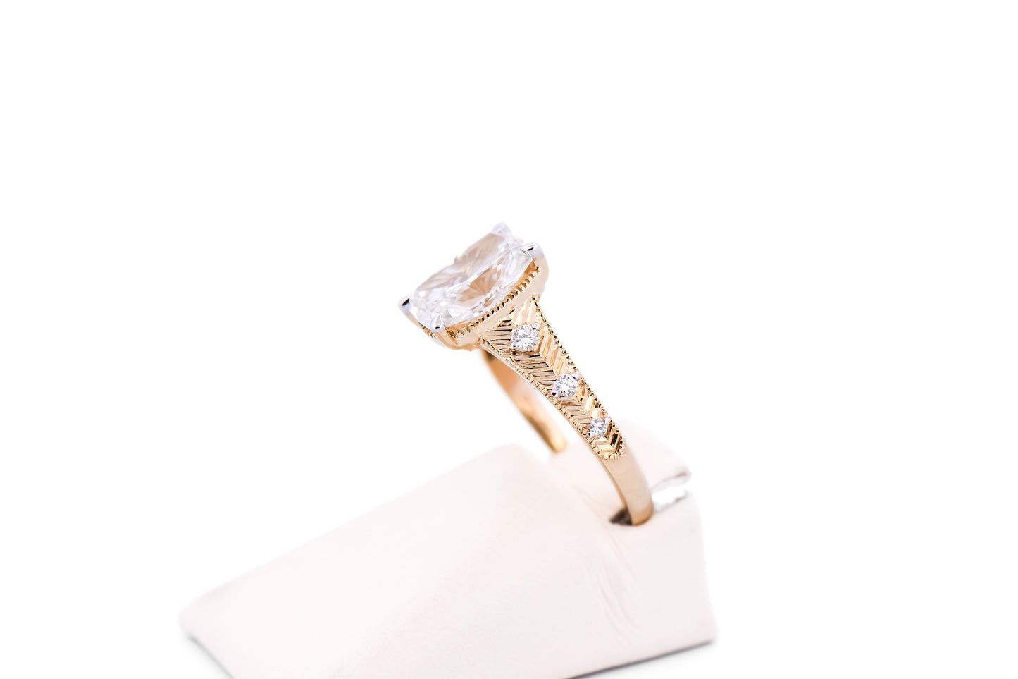 Architectural Engagement Ring with 3ct Cushion Lab Diamond in Yellow Gold