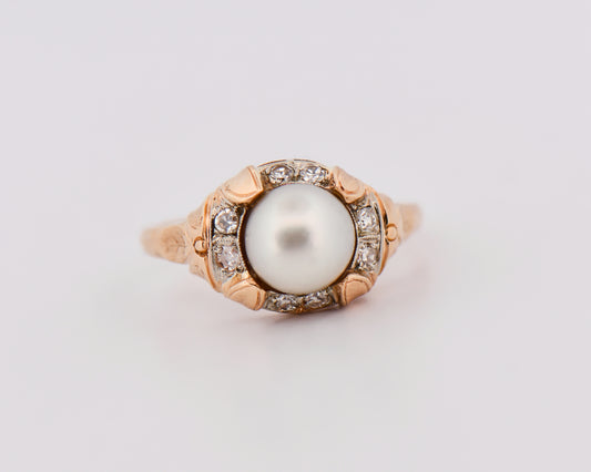 Art Deco Akoya Pearl Ring in Yellow Gold