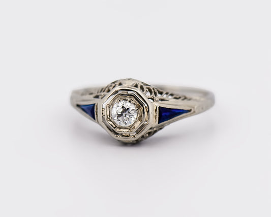 Art Deco Blue Sapphire and Diamond Ring in 18k White Gold