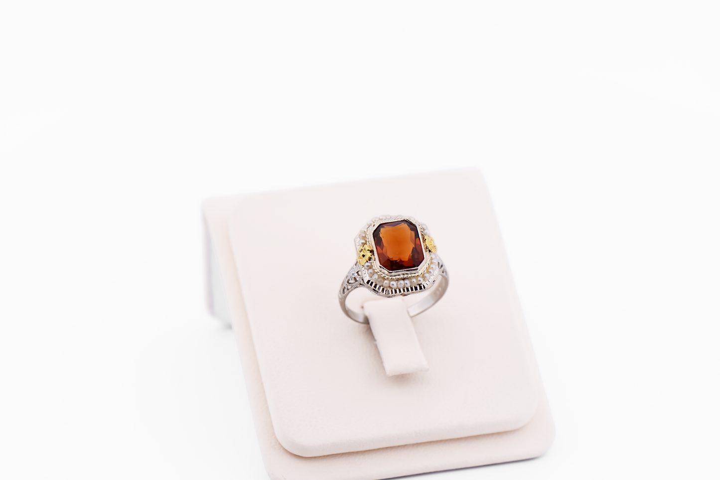 Art Deco Die-Struck Filigree Ring with Octagonal Citrine & Pearls