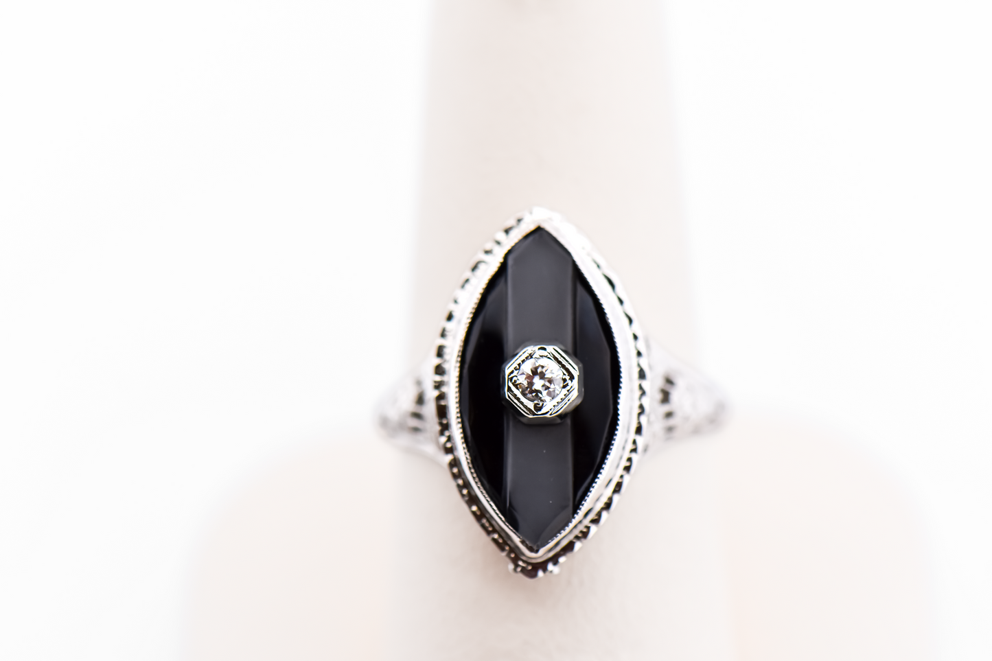 Art Deco Die Struck Onyx & Diamond Filigree Ring with Camphor Glass Inlay
