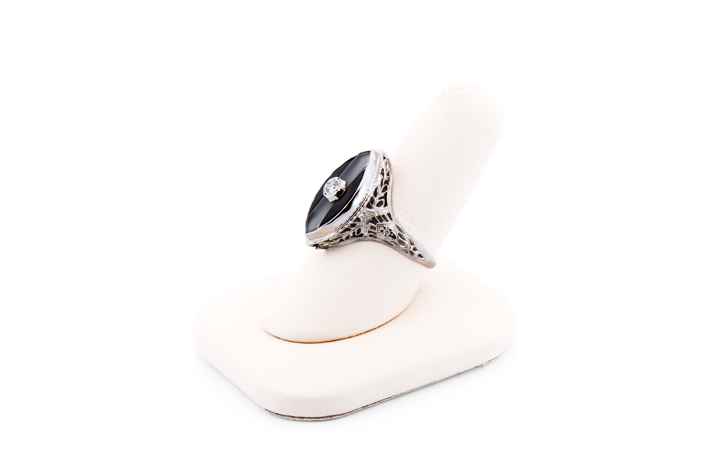 Art Deco Die Struck Onyx & Diamond Filigree Ring with Camphor Glass Inlay