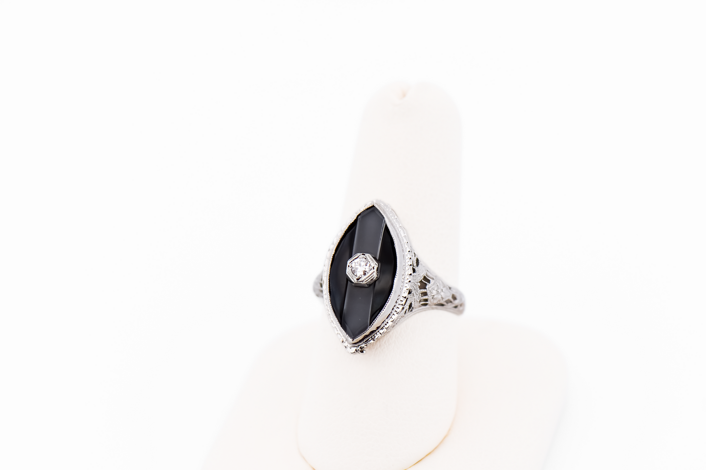 Art Deco Die Struck Onyx & Diamond Filigree Ring with Camphor Glass Inlay