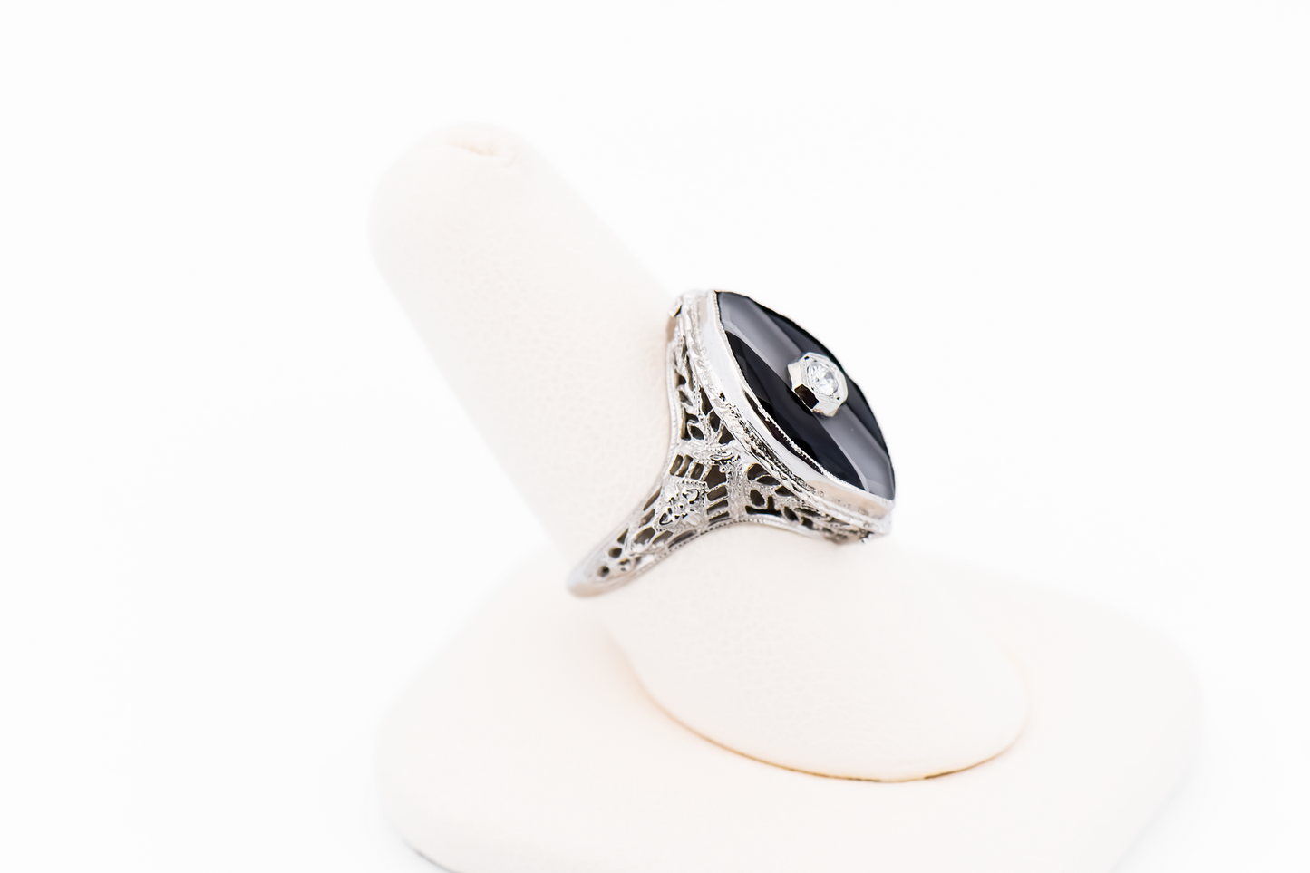 Art Deco Die Struck Onyx & Diamond Filigree Ring with Camphor Glass Inlay