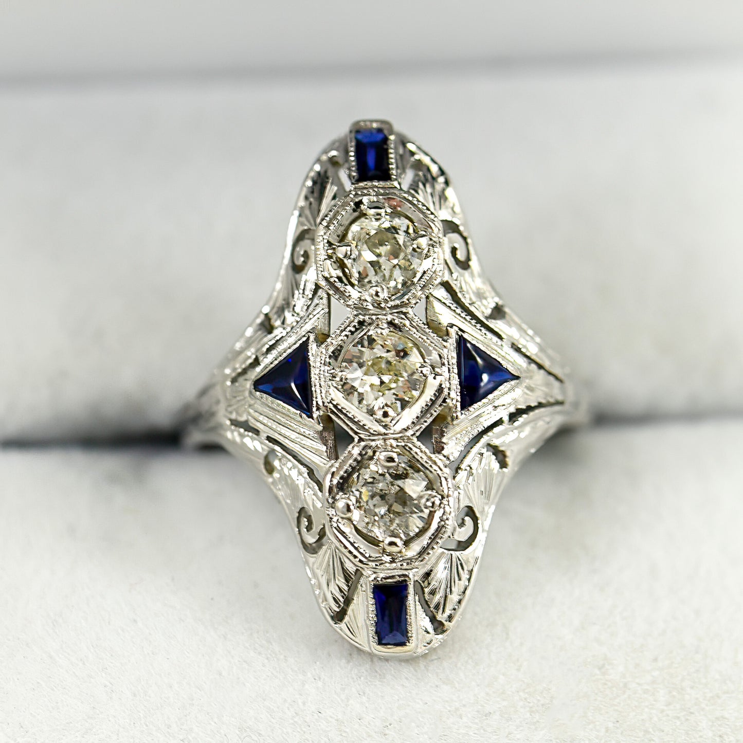 Art Deco Dinner Ring with Synthetic Sapphires in 18k White Gold