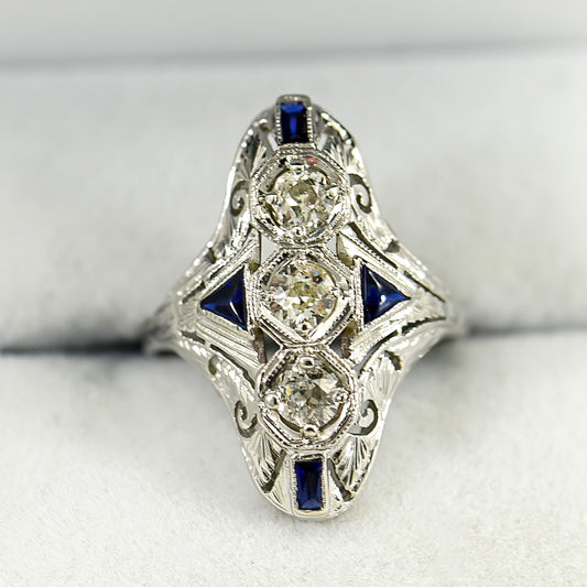 Art Deco Dinner Ring with Synthetic Sapphires in 18k White Gold