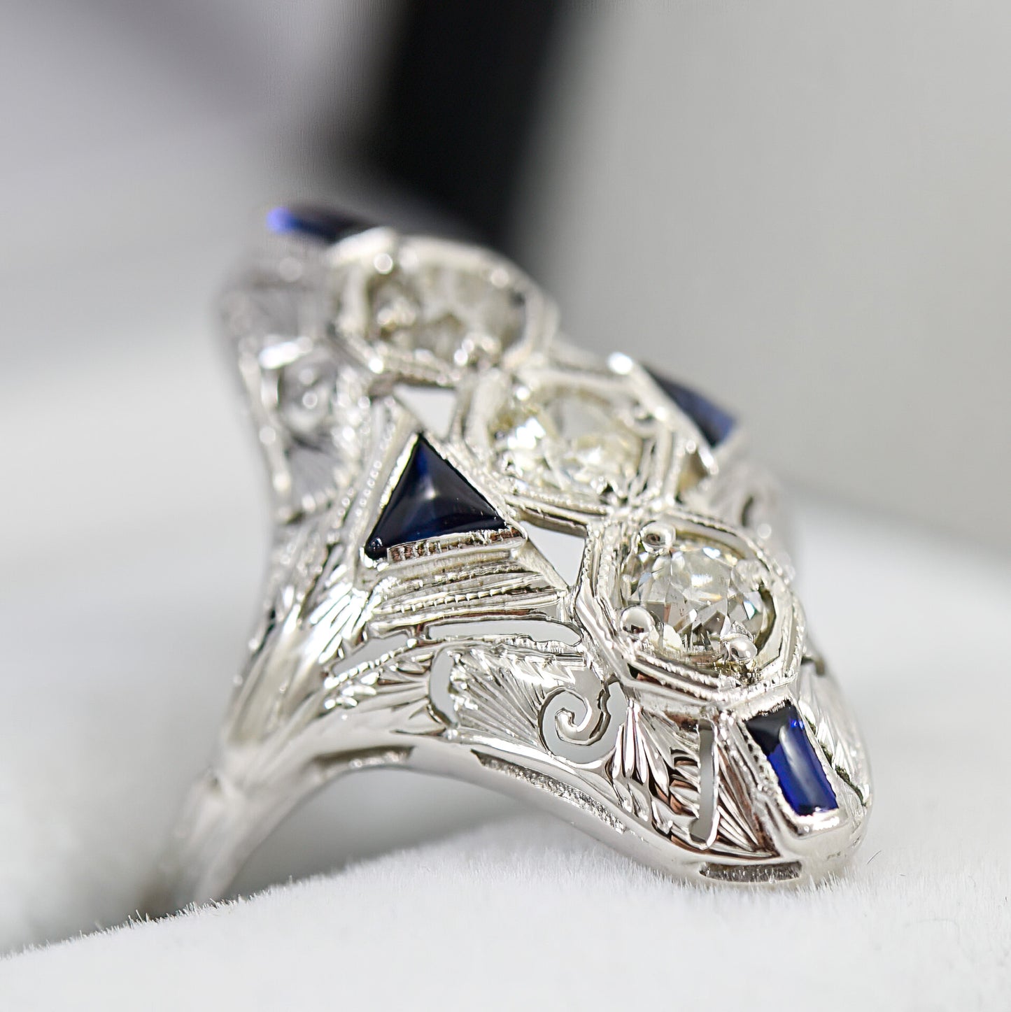 Art Deco Dinner Ring with Synthetic Sapphires in 18k White Gold