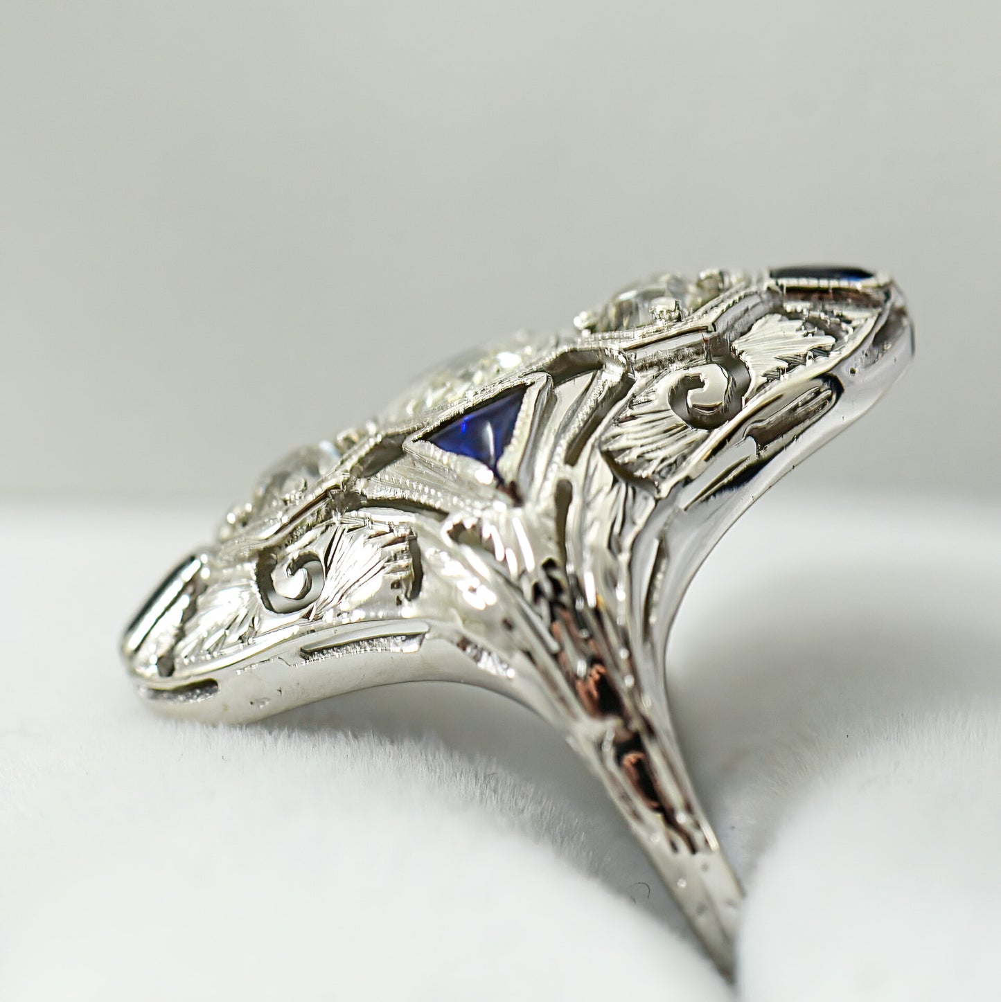 Art Deco Dinner Ring with Synthetic Sapphires in 18k White Gold