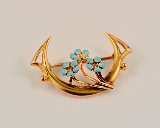 Art Deco Enamel Forget-Me-Not Pin in Yellow Gold