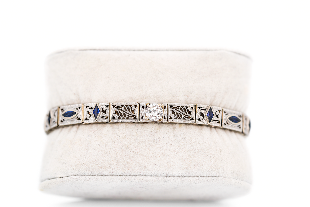 Art Deco Filigree Link Bracelet with Diamond & Sapphire Accents