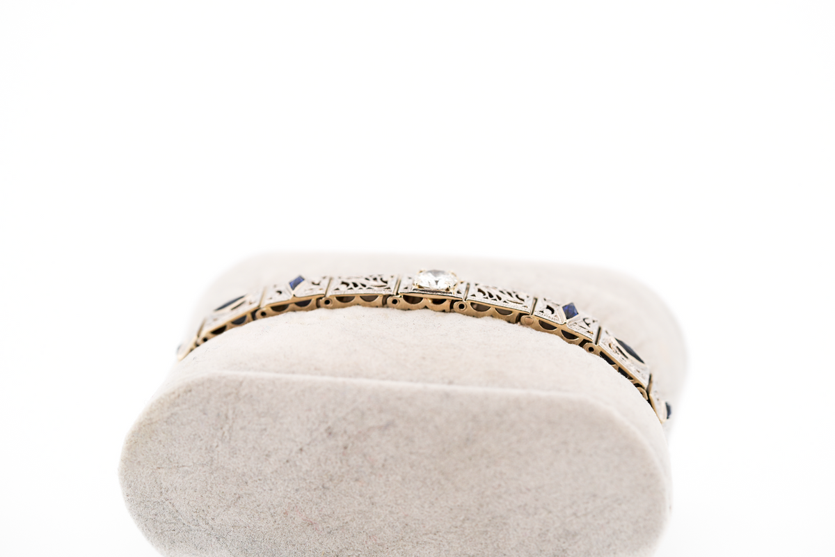 Art Deco Filigree Link Bracelet with Diamond & Sapphire Accents
