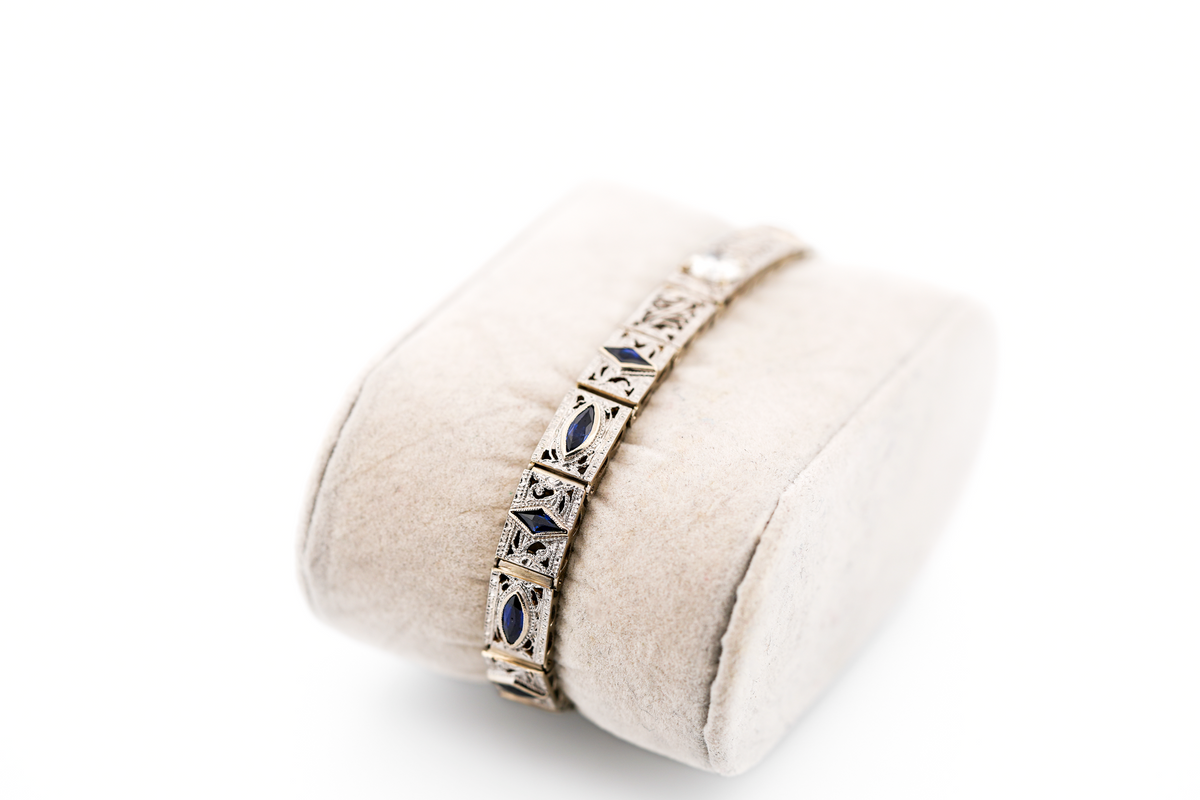 Art Deco Filigree Link Bracelet with Diamond & Sapphire Accents