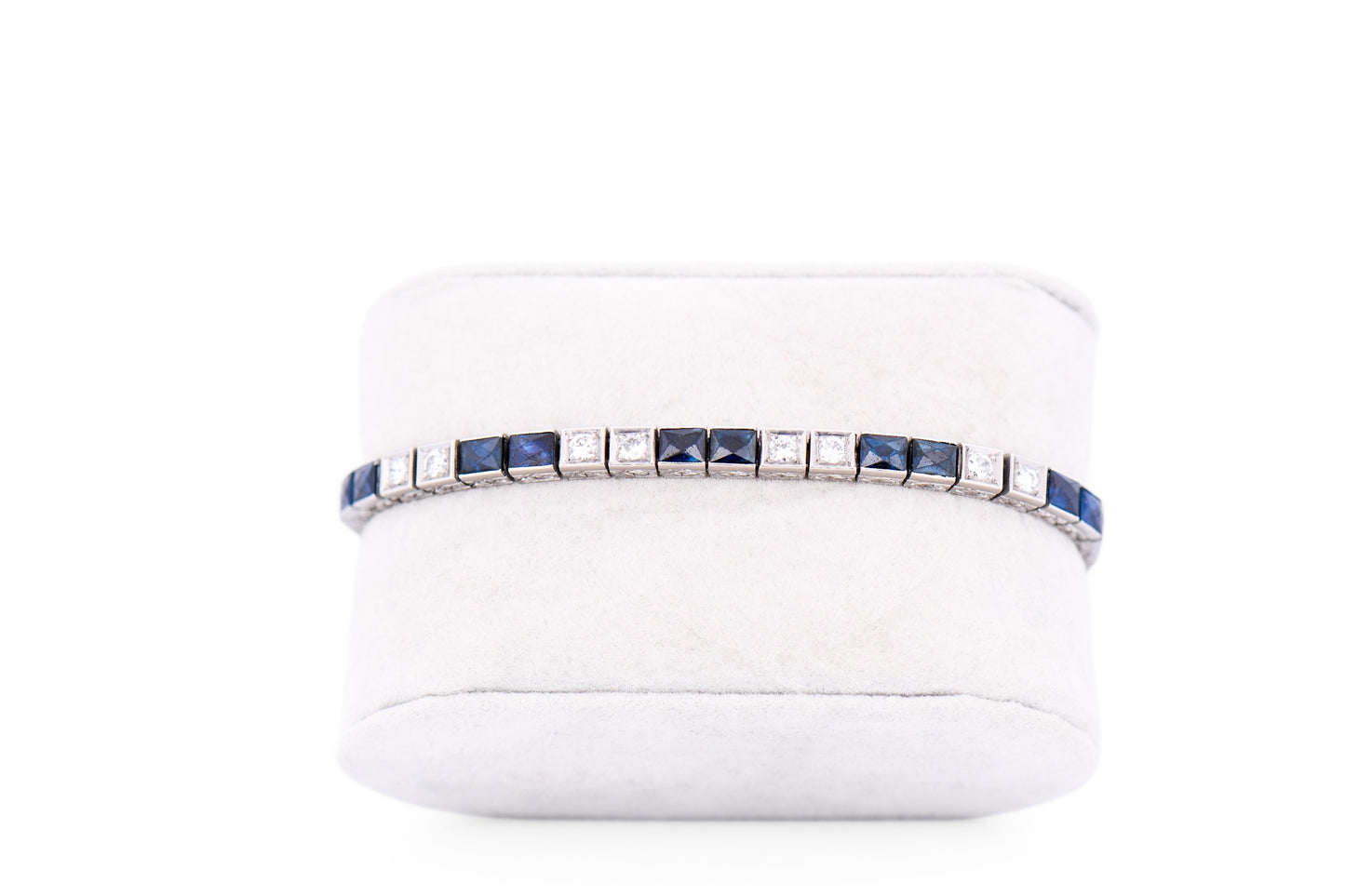 Art Deco Platinum Line Bracelet with Diamonds & Calibre Cut Sapphires