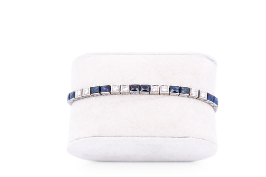 Art Deco Platinum Line Bracelet with Diamonds & Calibre Cut Sapphires