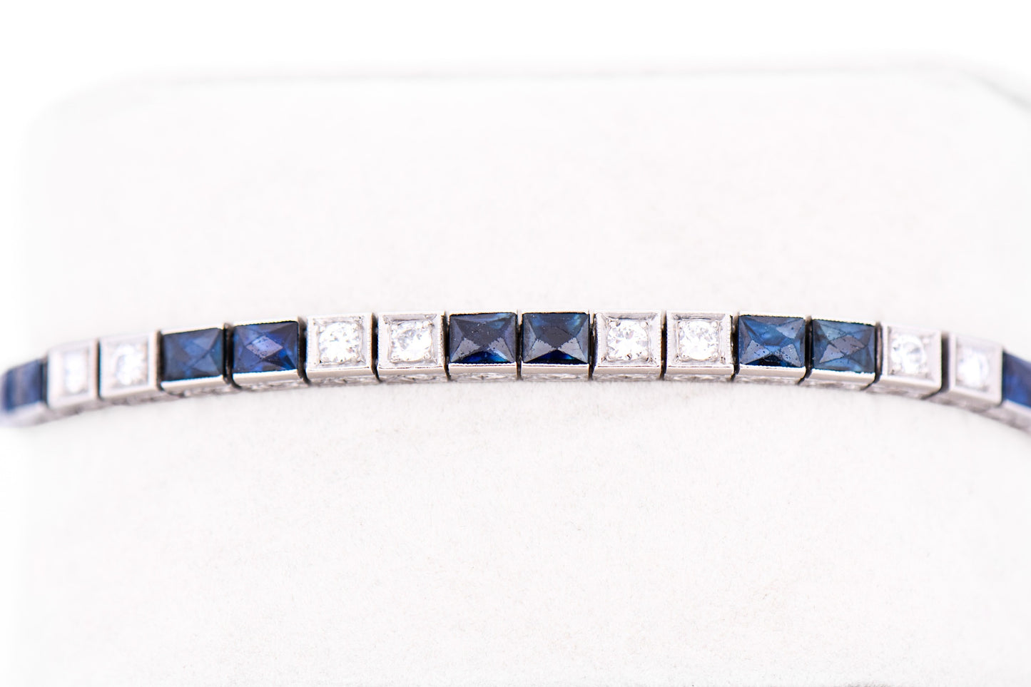 Art Deco Platinum Line Bracelet with Diamonds & Calibre Cut Sapphires