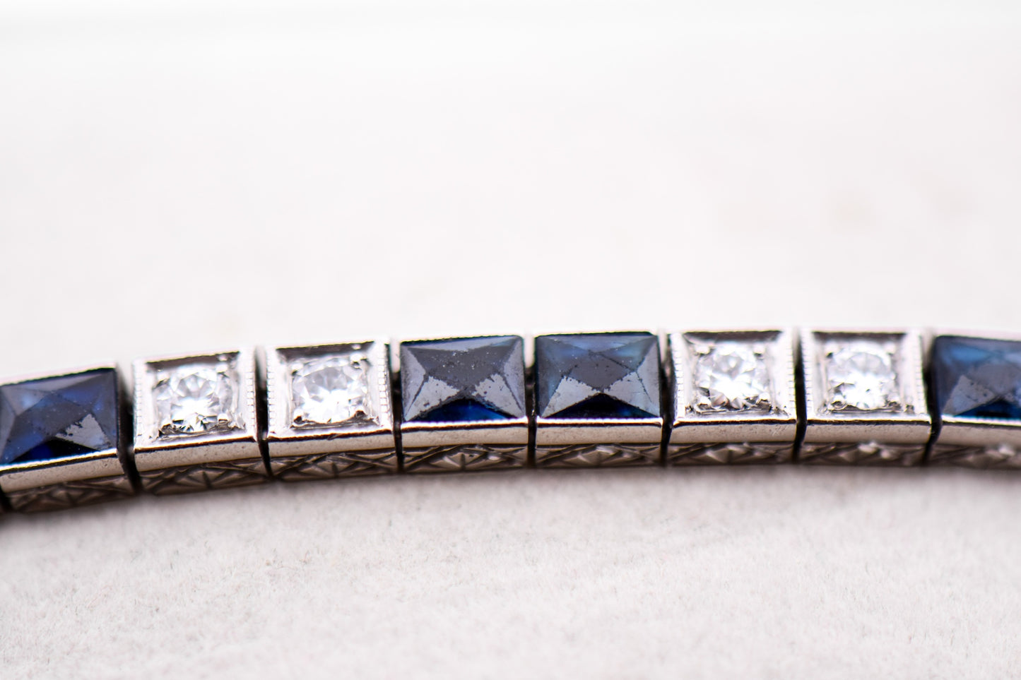 Art Deco Platinum Line Bracelet with Diamonds & Calibre Cut Sapphires
