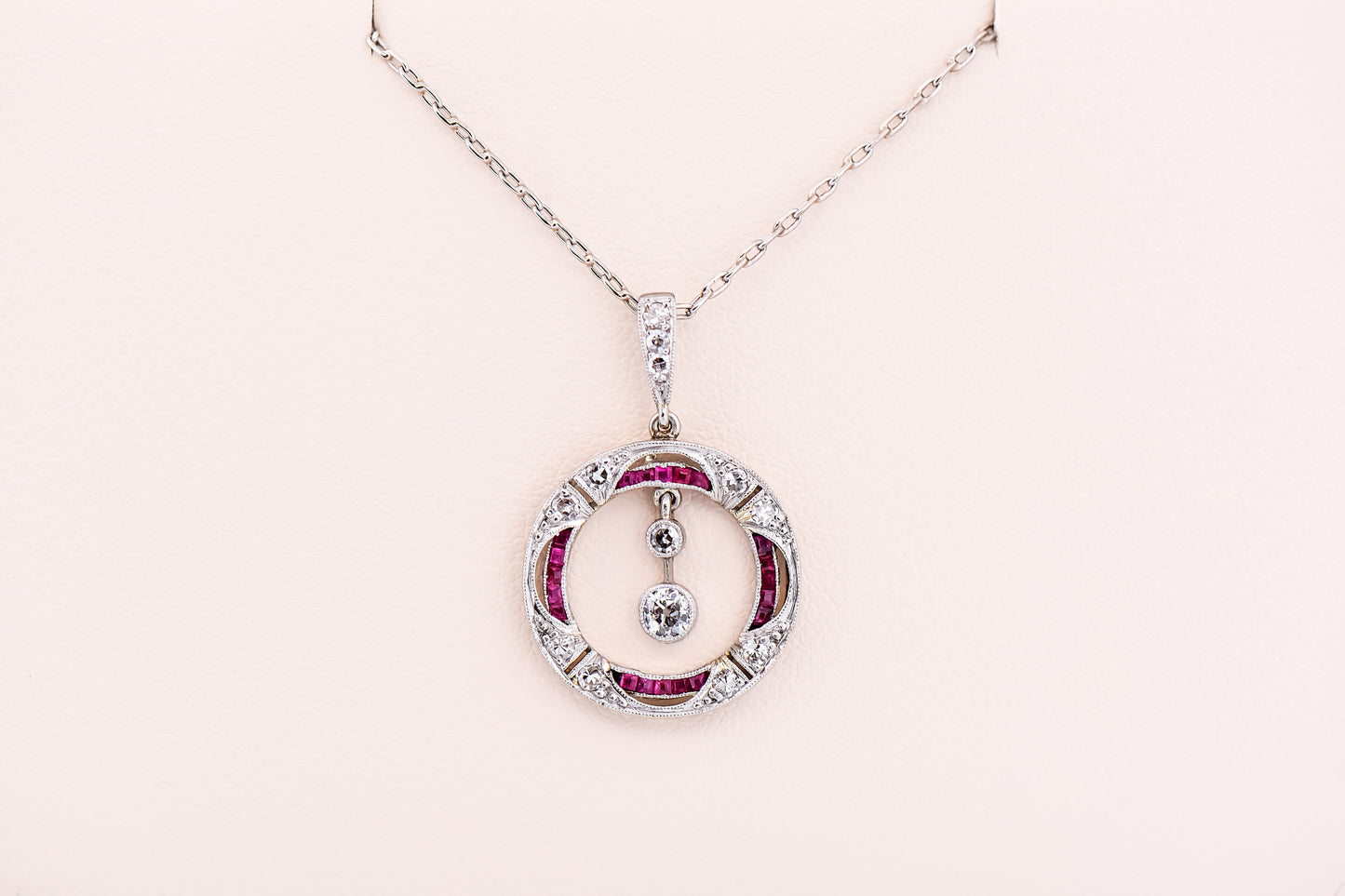 Art Deco Platinum Necklace with Old European Cut Diamonds and Calibre Cut Rubies