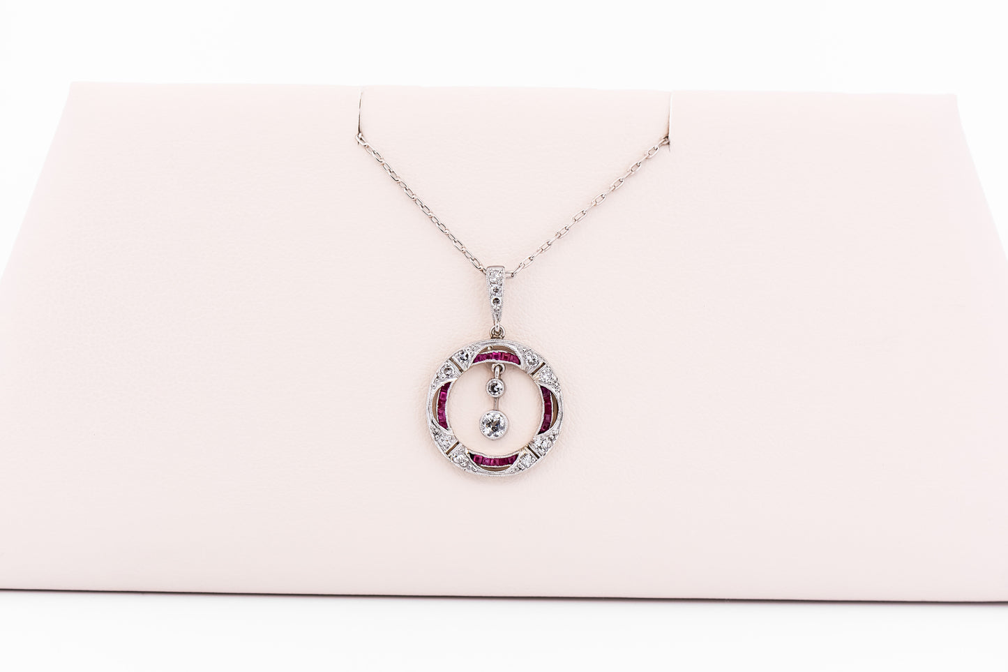 Art Deco Platinum Necklace with Old European Cut Diamonds and Calibre Cut Rubies