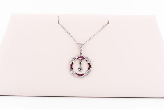 Art Deco Platinum Necklace with Old European Cut Diamonds and Calibre Cut Rubies