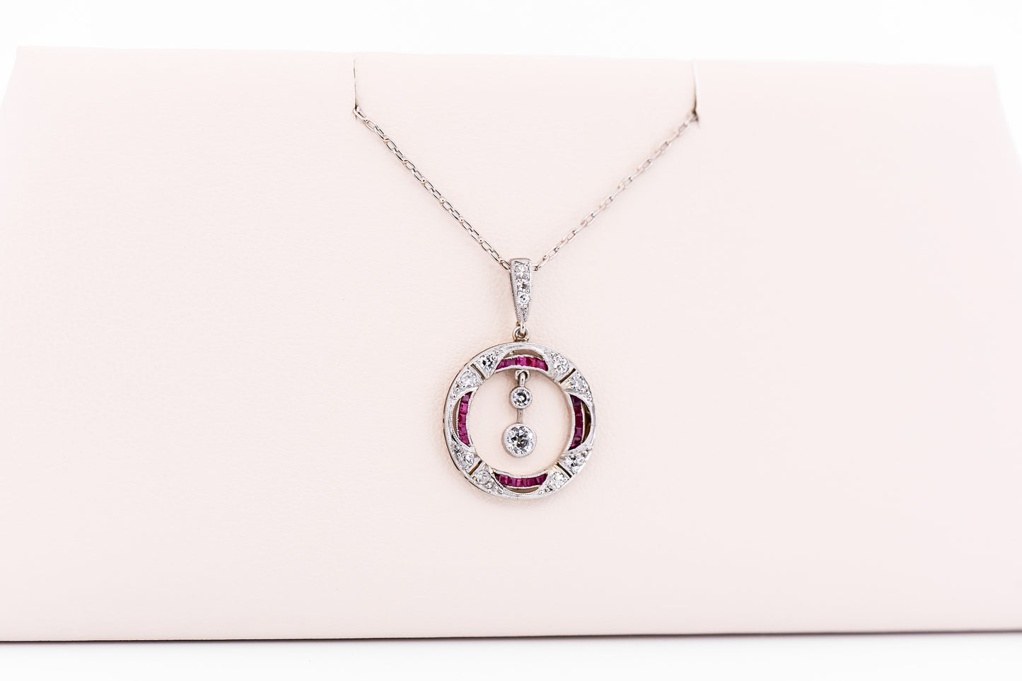 Art Deco Platinum Necklace with Old European Cut Diamonds and Calibre Cut Rubies
