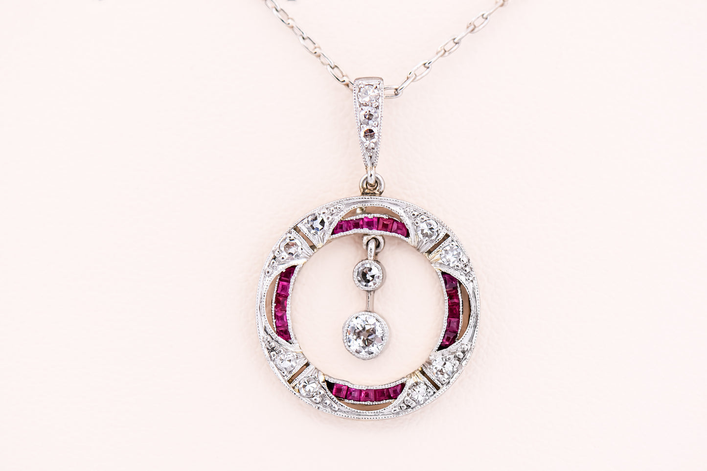 Art Deco Platinum Necklace with Old European Cut Diamonds and Calibre Cut Rubies