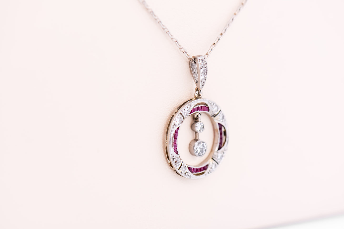 Art Deco Platinum Necklace with Old European Cut Diamonds and Calibre Cut Rubies