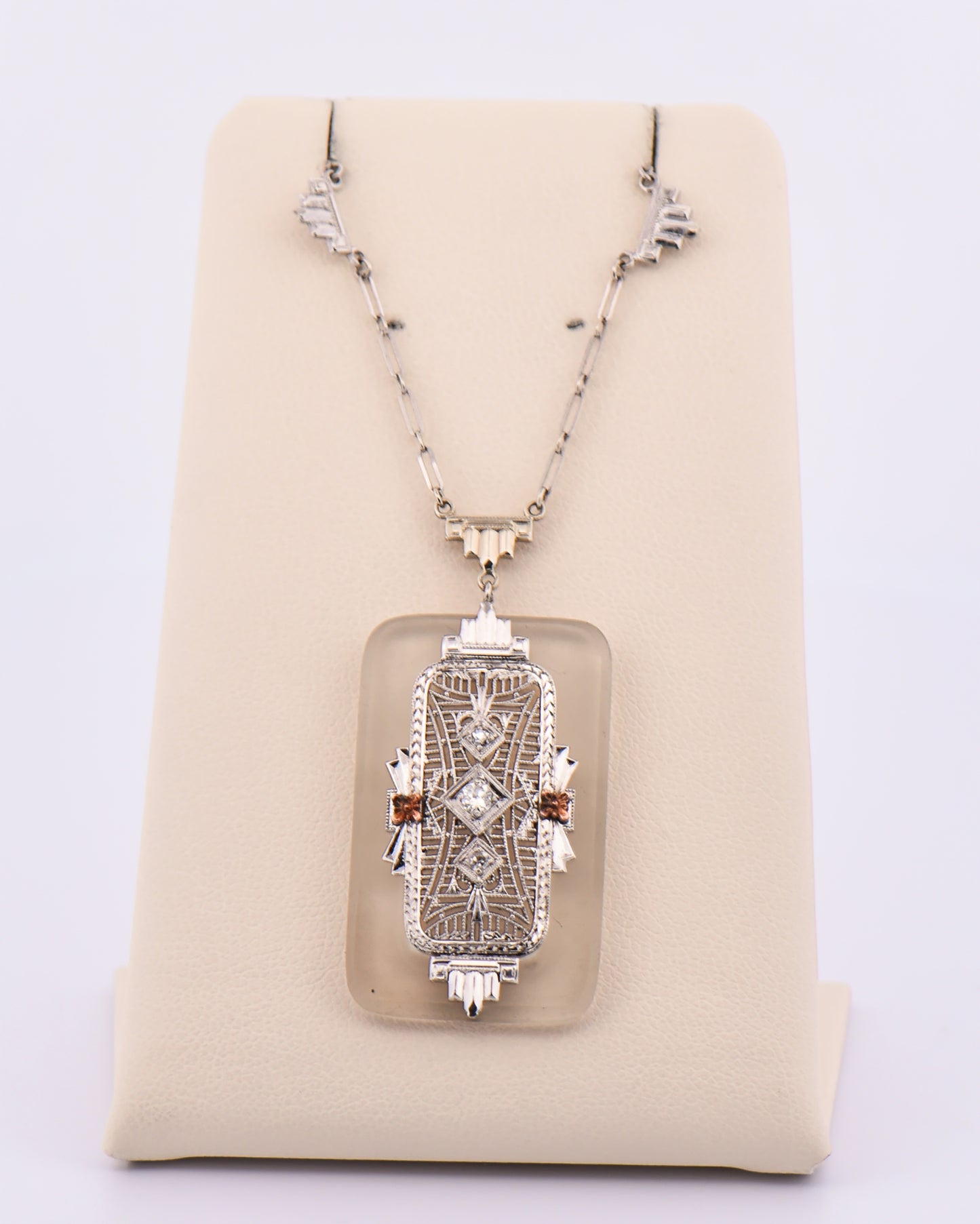 Art Deco Rock Crystal & Diamond Necklace with White Gold Filigree