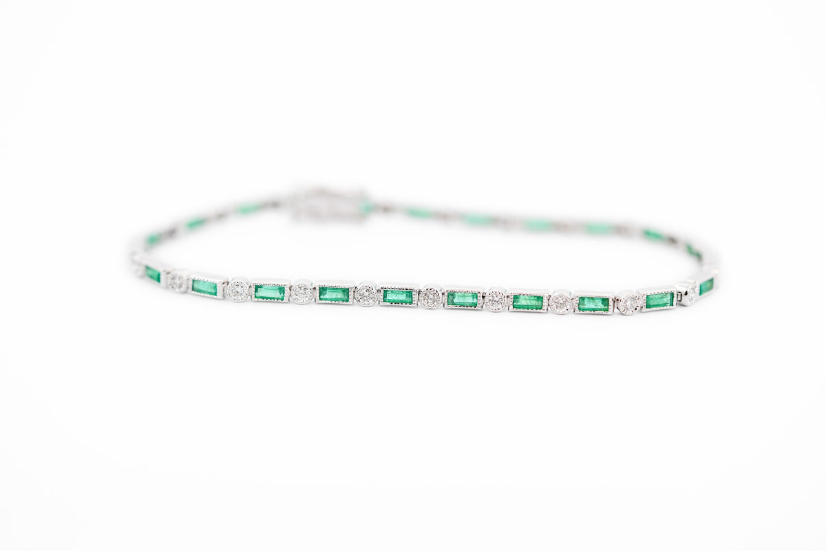 Art Deco Style Bezel-Set Tennis Bracelet with Baguette Emeralds & Diamonds in White Gold