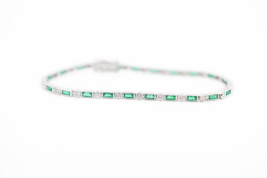 Art Deco Style Bezel-Set Tennis Bracelet with Baguette Emeralds & Diamonds in White Gold