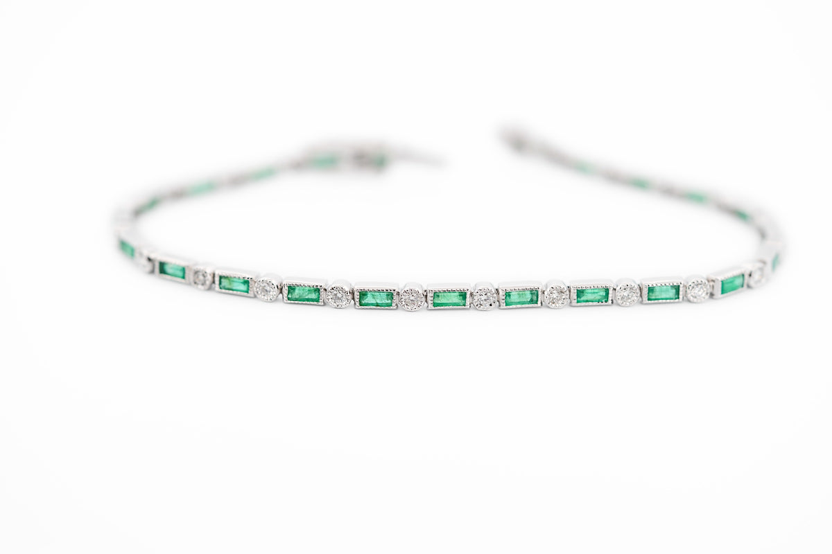 Art Deco Style Bezel-Set Tennis Bracelet with Baguette Emeralds & Diamonds in White Gold