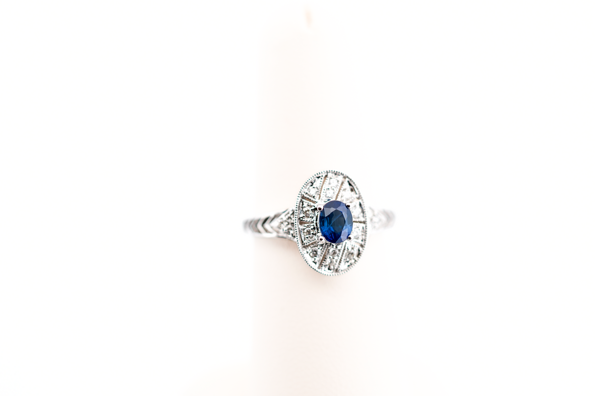 Art Deco Style Filigree Engagement Ring with Oval Blue Sapphire & Diamonds