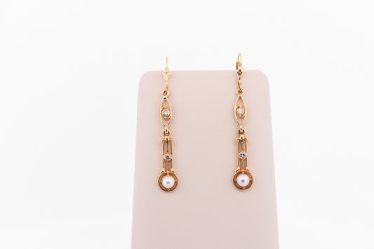 Art Deco Style Pearl & Diamond Dangle Earrings on Leverbacks