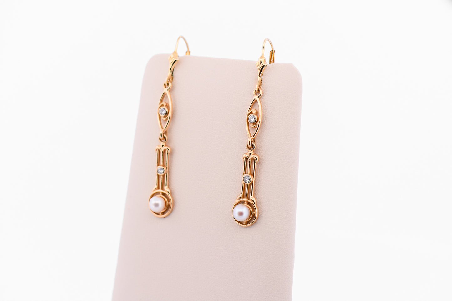 Art Deco Style Pearl & Diamond Dangle Earrings on Leverbacks