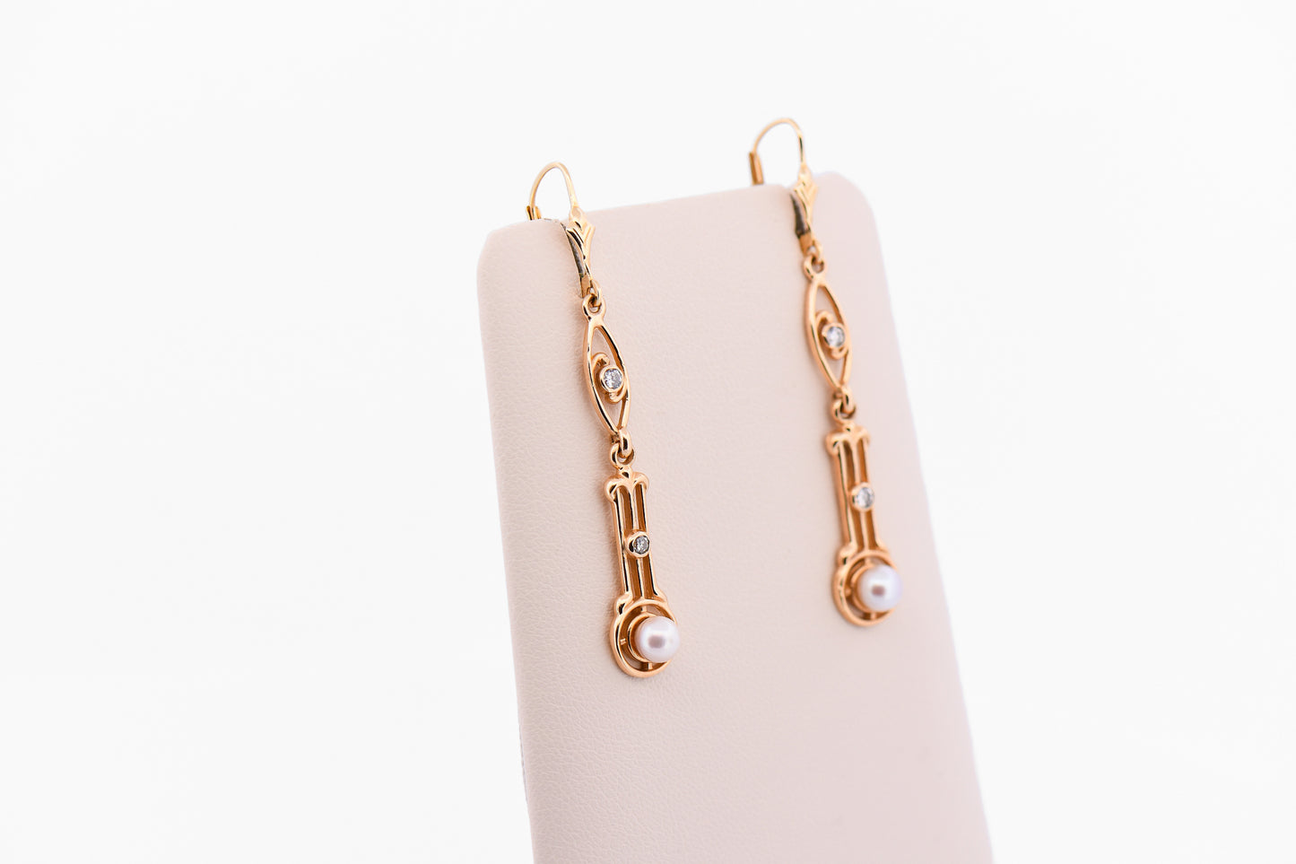 Art Deco Style Pearl & Diamond Dangle Earrings on Leverbacks