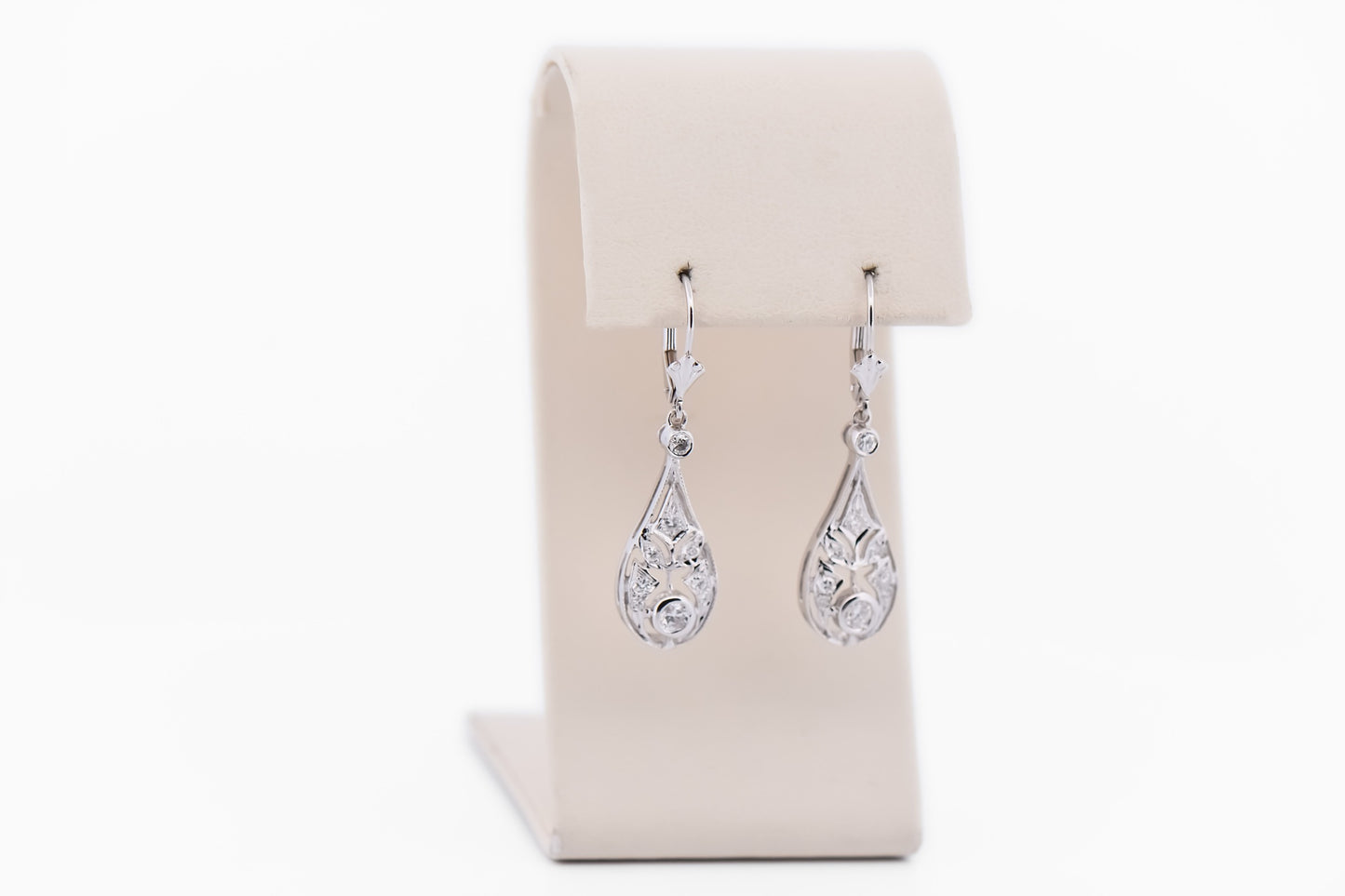 Art Deco Style White Gold & Diamond Filigree Dangle Earrings on Leverbacks