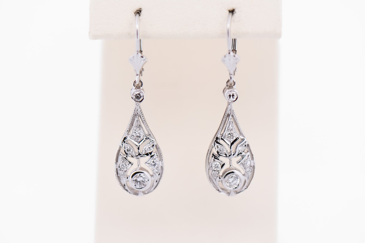 Art Deco Style White Gold & Diamond Filigree Dangle Earrings on Leverbacks
