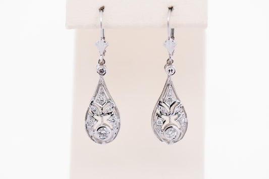 Art Deco Style White Gold & Diamond Filigree Dangle Earrings on Leverbacks