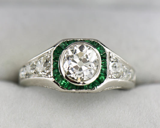 Art Deco Target Ring with Emeralds & Mine Cut Diamonds
