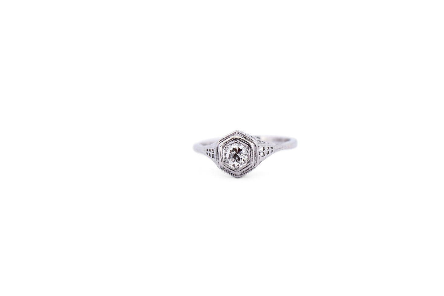 Art Deco White Gold Hexagonal Engagement Ring with Old European Cut Diamond