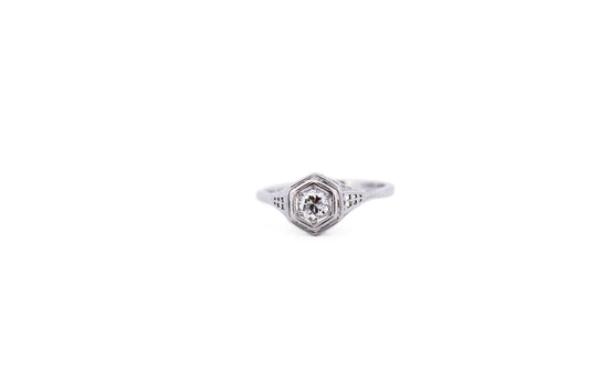 Art Deco White Gold Hexagonal Engagement Ring with Old European Cut Diamond