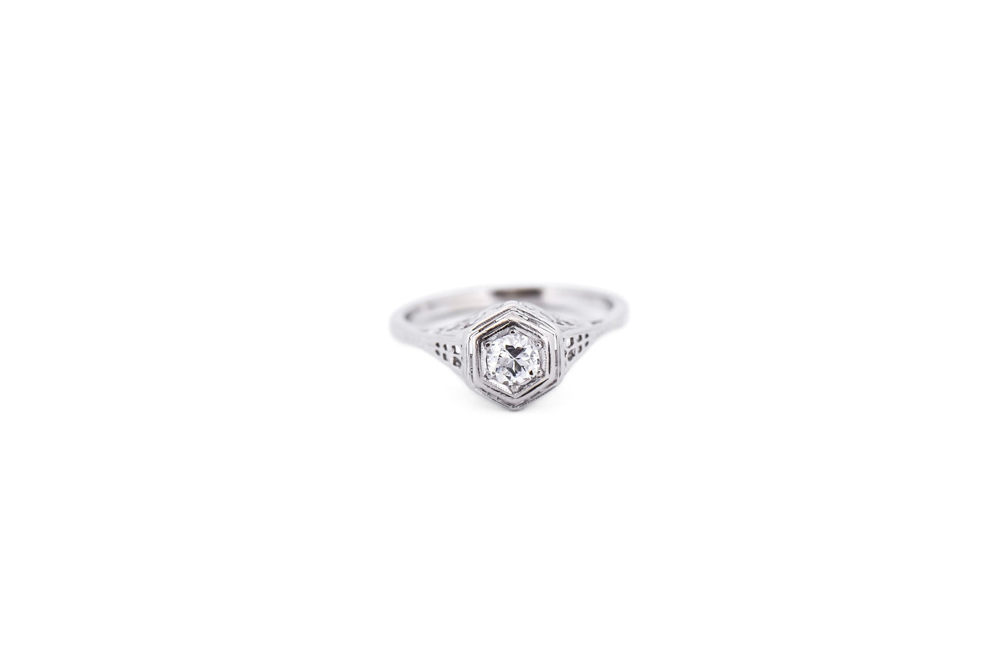 Art Deco White Gold Hexagonal Engagement Ring with Old European Cut Diamond