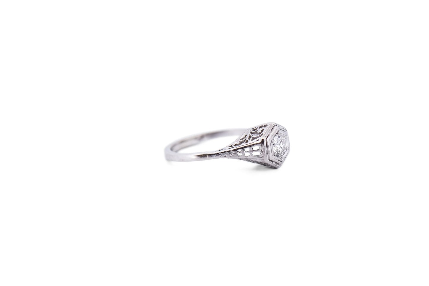 Art Deco White Gold Hexagonal Engagement Ring with Old European Cut Diamond