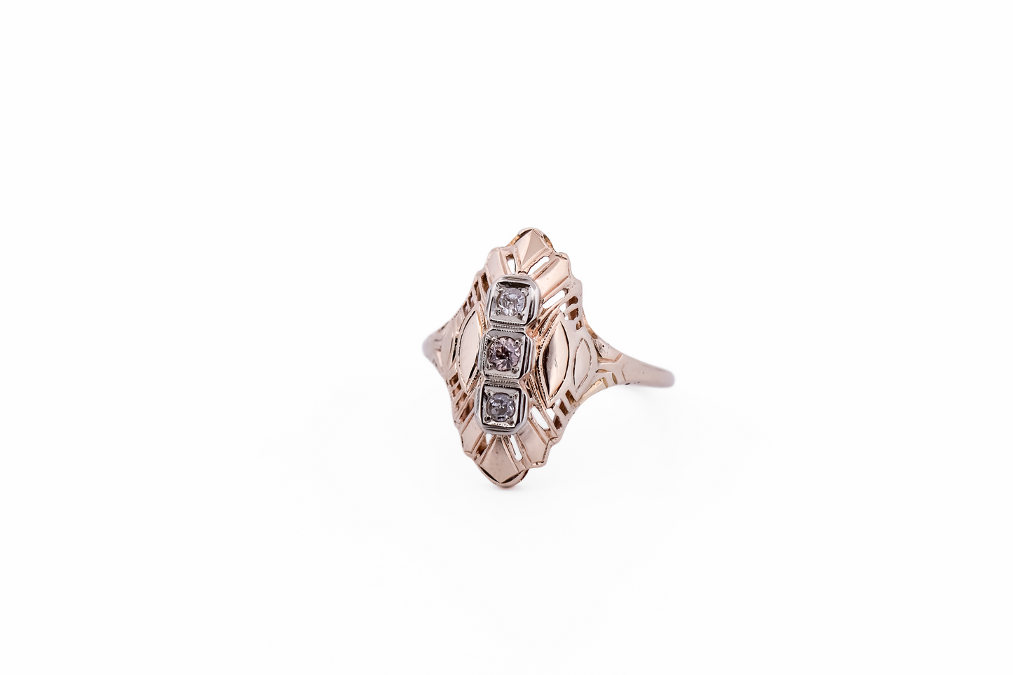 Art Deco Yellow Gold Dinner Ring with Champagne & White Diamonds